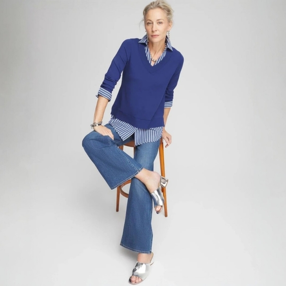 Chico's 4 Womens Blue V-Neck Sweater Long Sleeve Striped Shirt Built-In Size XXL - Picture 2 of 9